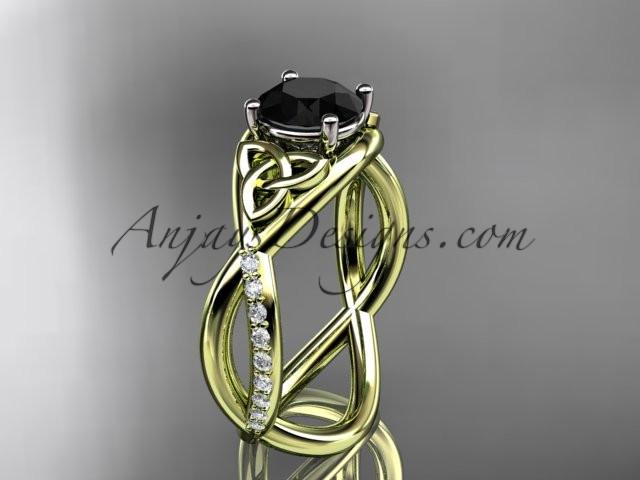 14kt yellow gold celtic trinity knot engagement ring, wedding ring with a Black Diamond center stone CT790 - AnjaysDesigns