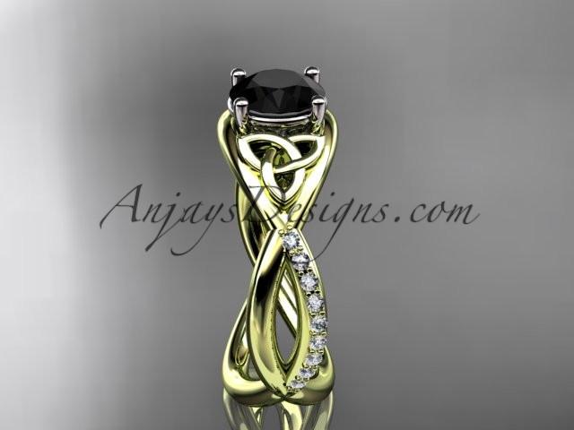 14kt yellow gold celtic trinity knot engagement ring, wedding ring with a Black Diamond center stone CT790 - AnjaysDesigns