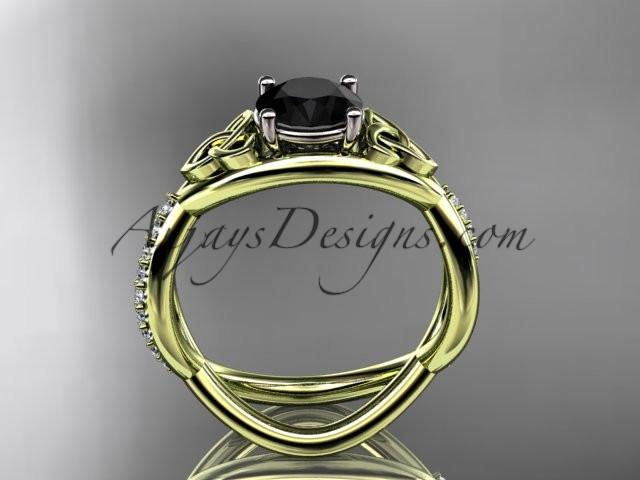 14kt yellow gold celtic trinity knot engagement ring, wedding ring with a Black Diamond center stone CT790 - AnjaysDesigns