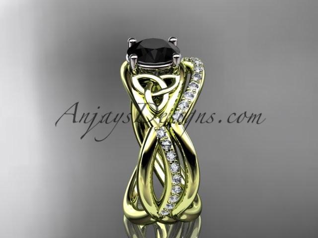 14kt yellow gold celtic trinity knot engagement set, wedding ring with a Black Diamond center stone CT790S - AnjaysDesigns