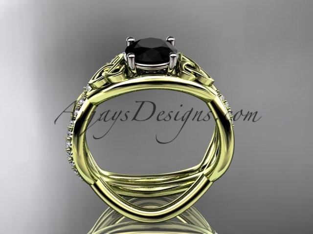 14kt yellow gold celtic trinity knot engagement set, wedding ring with a Black Diamond center stone CT790S - AnjaysDesigns