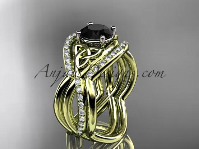 14kt yellow gold celtic trinity knot engagement ring, wedding ring with a Black Diamond center stone and double matching band CT790S - AnjaysDesigns