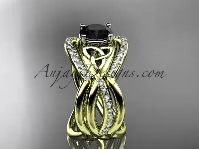 14kt yellow gold celtic trinity knot engagement ring, wedding ring with a Black Diamond center stone and double matching band CT790S - AnjaysDesigns