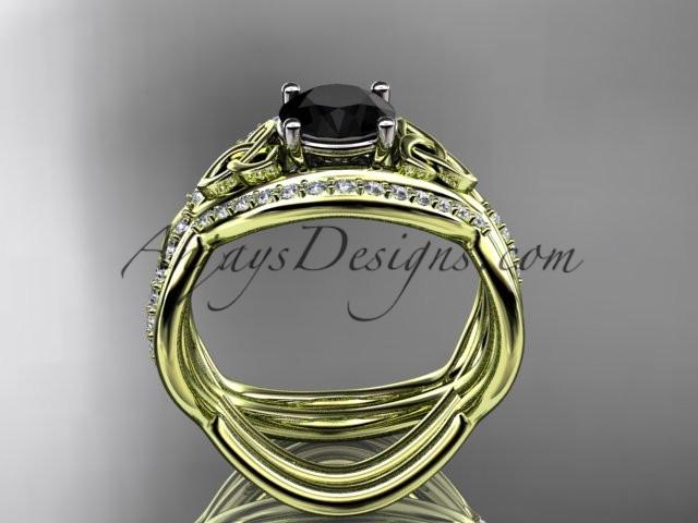 14kt yellow gold celtic trinity knot engagement ring, wedding ring with a Black Diamond center stone and double matching band CT790S - AnjaysDesigns