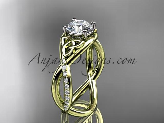 14kt yellow gold celtic trinity knot engagement ring, wedding ring with a "Forever One" Moissanite center stone CT790 - AnjaysDesigns