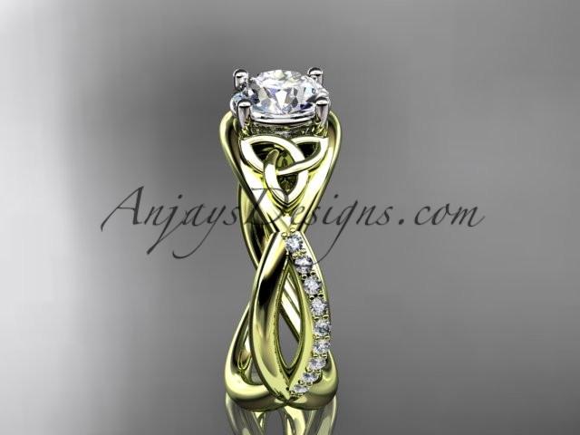 14kt yellow gold celtic trinity knot engagement ring, wedding ring with a "Forever One" Moissanite center stone CT790 - AnjaysDesigns