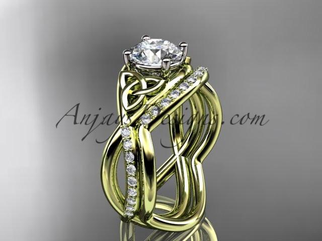 14kt yellow gold celtic trinity knot engagement set, wedding ring with a "Forever One" Moissanite center stone CT790S - AnjaysDesigns