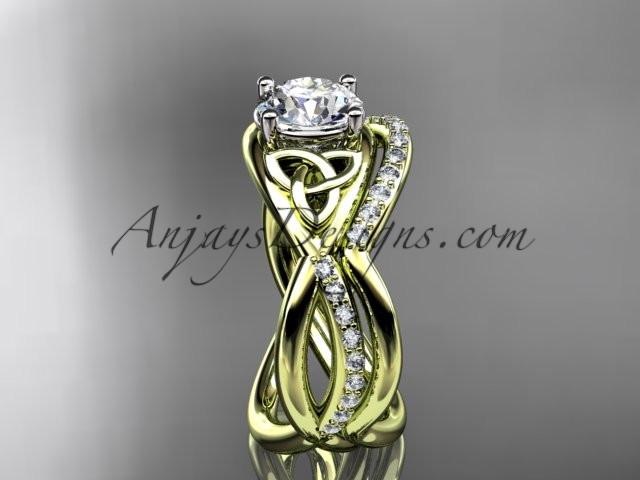 14kt yellow gold celtic trinity knot engagement set, wedding ring with a "Forever One" Moissanite center stone CT790S - AnjaysDesigns