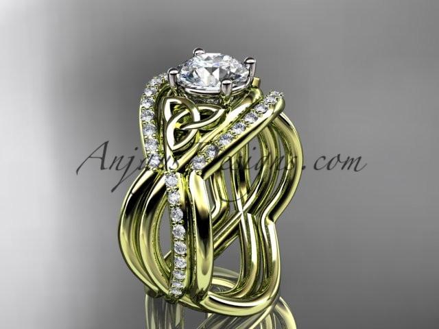 14kt yellow gold celtic trinity knot engagement ring, wedding ring with a "Forever One" Moissanite center stone and double matching band CT790S - AnjaysDesigns