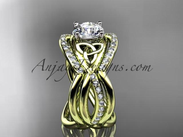 14kt yellow gold celtic trinity knot engagement ring, wedding ring with double matching band CT790S - AnjaysDesigns