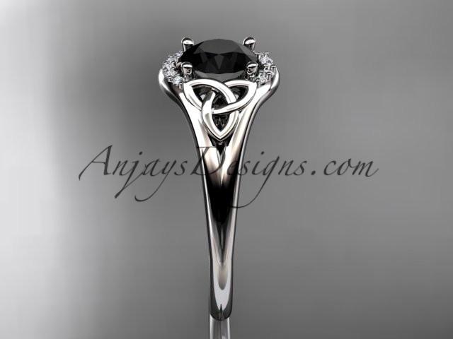 14kt white gold celtic trinity knot engagement ring, wedding ring with a Black Diamond center stone CT791 - AnjaysDesigns