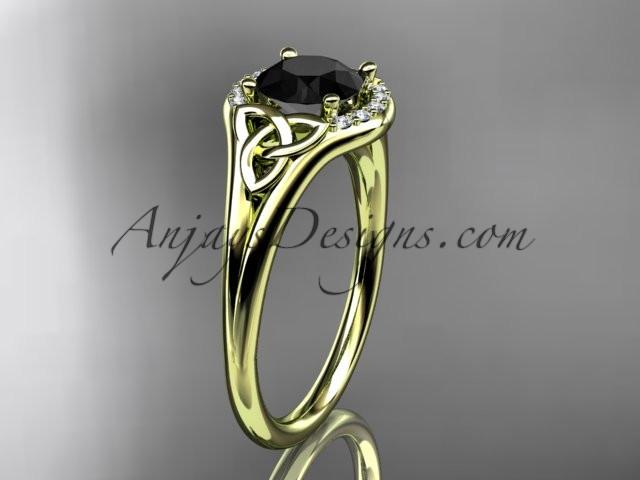 14kt yellow gold celtic trinity knot engagement ring, wedding ring with a Black Diamond center stone CT791 - AnjaysDesigns