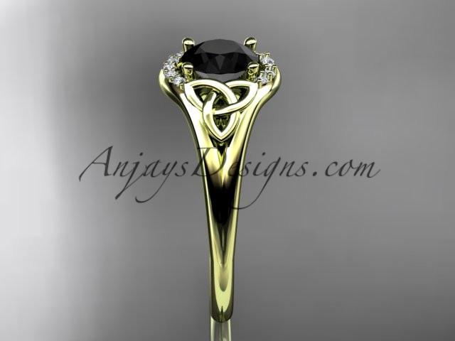 14kt yellow gold celtic trinity knot engagement ring, wedding ring with a Black Diamond center stone CT791 - AnjaysDesigns