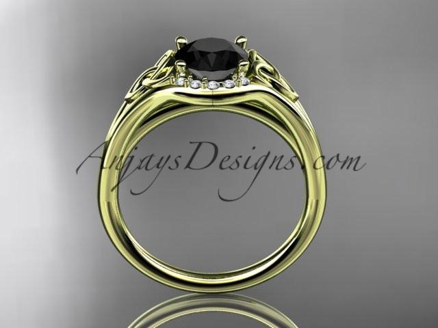 14kt yellow gold celtic trinity knot engagement ring, wedding ring with a Black Diamond center stone CT791 - AnjaysDesigns