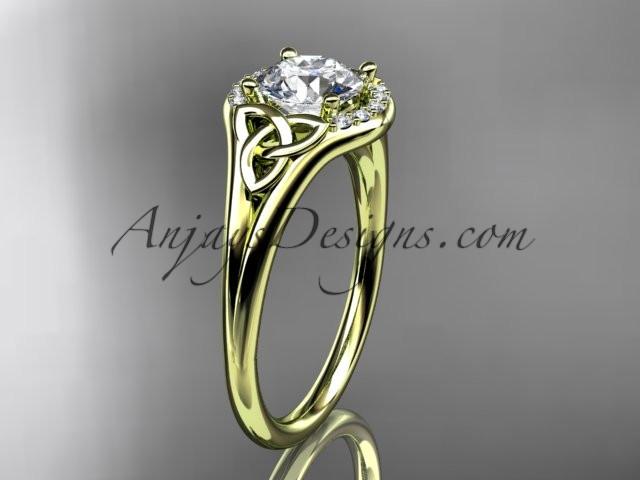 14kt yellow gold celtic trinity knot engagement ring, wedding ring with a "Forever One" Moissanite center stone CT791 - AnjaysDesigns