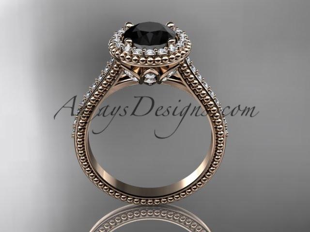 14kt rose gold diamond floral wedding ring, engagement ring with a Black Diamond center stone ADLR101 - AnjaysDesigns