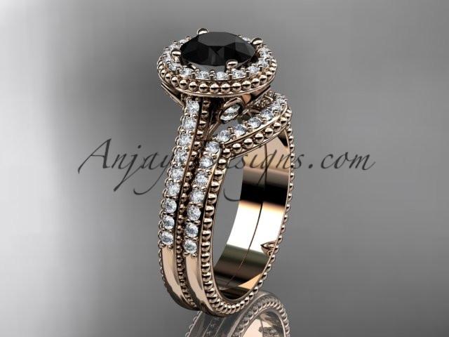 14kt rose gold diamond floral wedding set, engagement ring with a Black Diamond center stone ADLR101S - AnjaysDesigns
