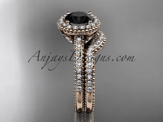 14kt rose gold diamond floral wedding set, engagement ring with a Black Diamond center stone ADLR101S - AnjaysDesigns