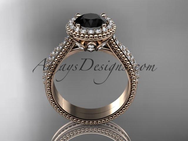 14kt rose gold diamond floral wedding set, engagement ring with a Black Diamond center stone ADLR101S - AnjaysDesigns