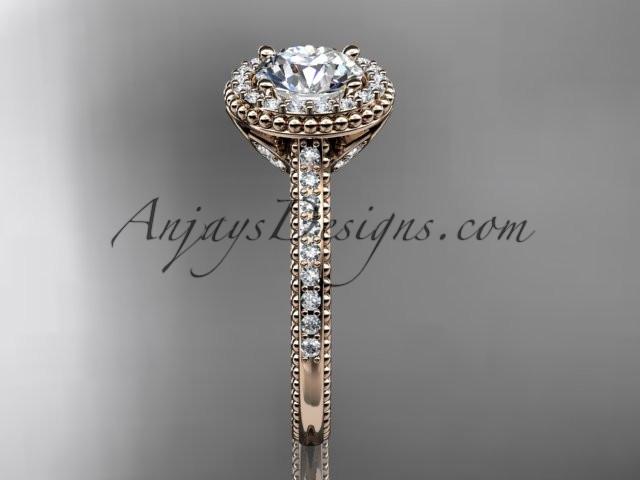 14kt rose gold diamond floral wedding ring, engagement ring with a "Forever One" Moissanite center stone ADLR101 - AnjaysDesigns