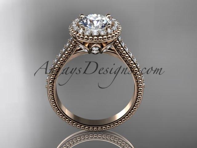 14kt rose gold diamond floral wedding ring, engagement ring with a "Forever One" Moissanite center stone ADLR101 - AnjaysDesigns