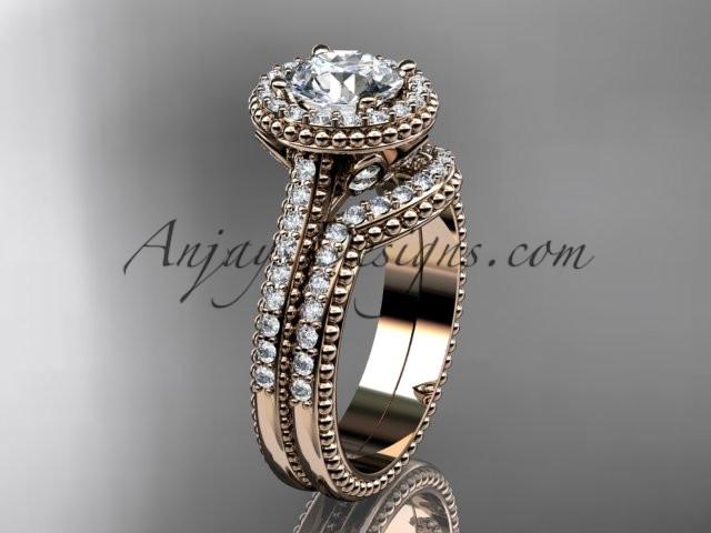 14kt rose gold diamond floral wedding set, engagement ring with a "Forever One" Moissanite center stone ADLR101S - AnjaysDesigns