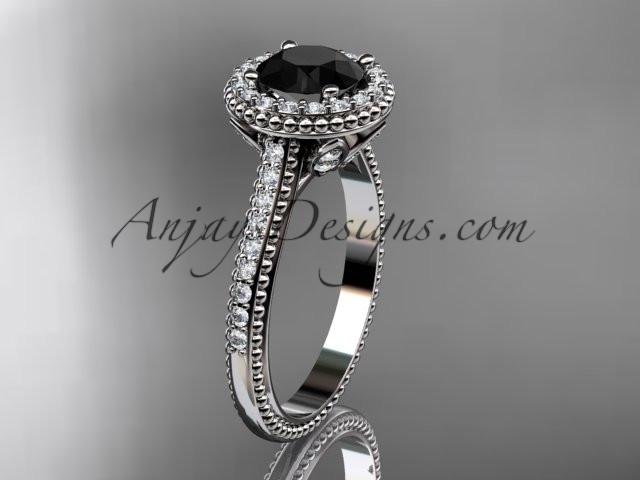 platinum diamond floral wedding ring, engagement ring with a Black Diamond center stone ADLR101 - AnjaysDesigns