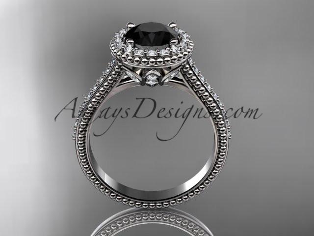 platinum diamond floral wedding ring, engagement ring with a Black Diamond center stone ADLR101 - AnjaysDesigns