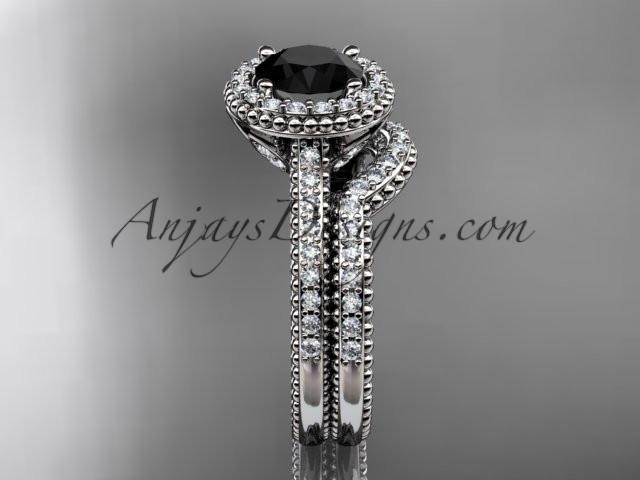 14kt white gold diamond floral wedding set, engagement ring with a Black Diamond center stone ADLR101S - AnjaysDesigns