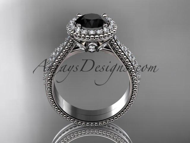 14kt white gold diamond floral wedding set, engagement ring with a Black Diamond center stone ADLR101S - AnjaysDesigns