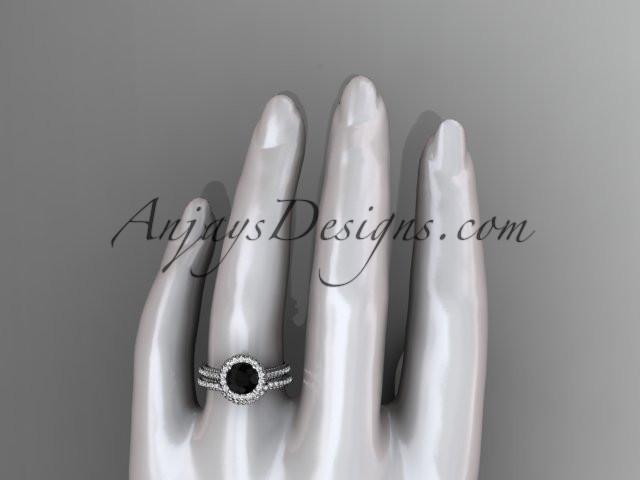 14kt white gold diamond floral wedding set, engagement ring with a Black Diamond center stone ADLR101S - AnjaysDesigns