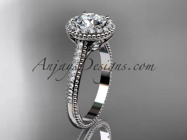 14kt white gold diamond floral wedding ring, engagement ring with a "Forever One" Moissanite center stone ADLR101 - AnjaysDesigns