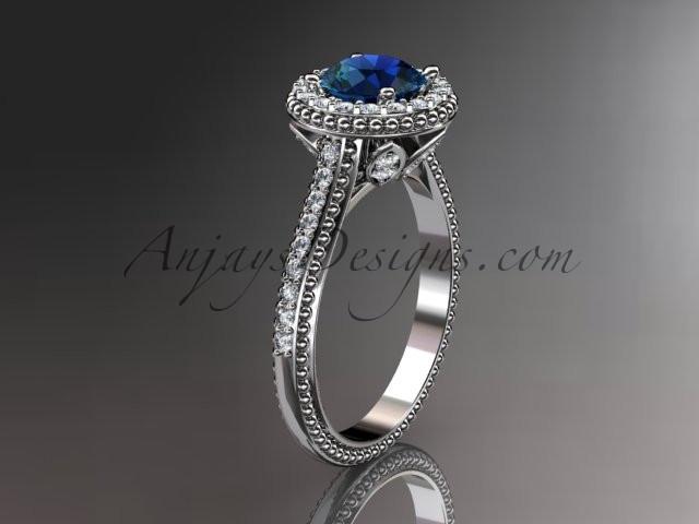 14kt white gold diamond floral wedding ring,engagement ring with blue sapphire center stone ADLR101 - AnjaysDesigns