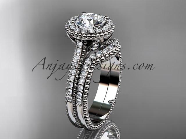 platinum diamond floral wedding set, engagement ring with a "Forever One" Moissanite center stone ADLR101S - AnjaysDesigns