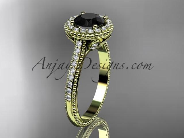 14kt yellow gold diamond floral wedding ring, engagement ring with a Black Diamond center stone ADLR101 - AnjaysDesigns