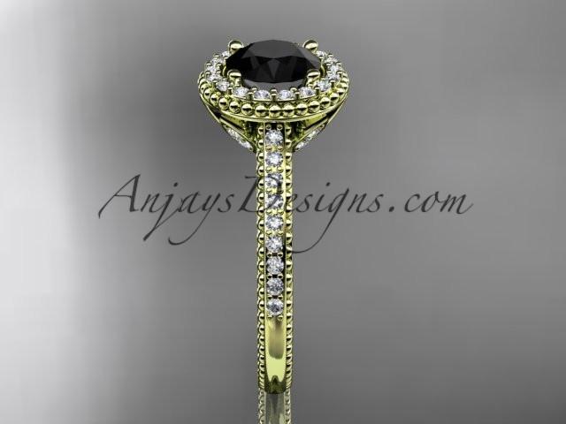 14kt yellow gold diamond floral wedding ring, engagement ring with a Black Diamond center stone ADLR101 - AnjaysDesigns