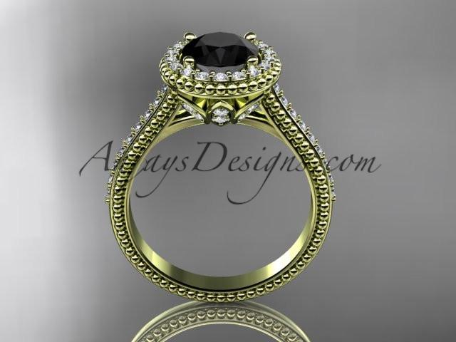 14kt yellow gold diamond floral wedding ring, engagement ring with a Black Diamond center stone ADLR101 - AnjaysDesigns