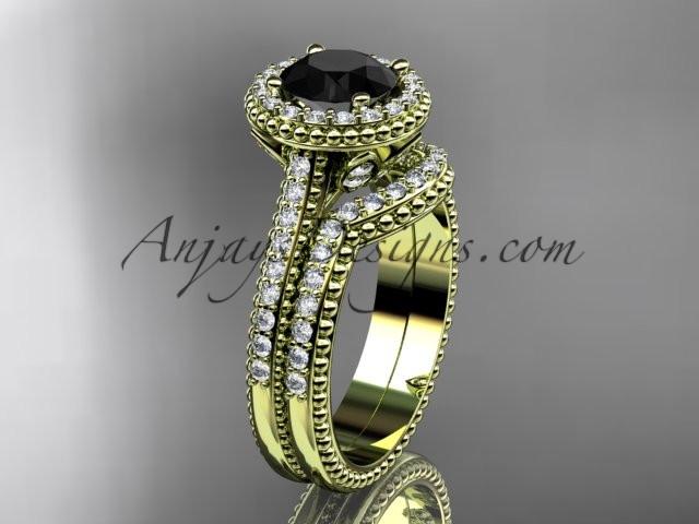14kt yellow gold diamond floral wedding set, engagement ring with a Black Diamond center stone ADLR101S - AnjaysDesigns