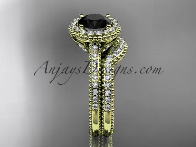 14kt yellow gold diamond floral wedding set, engagement ring with a Black Diamond center stone ADLR101S - AnjaysDesigns
