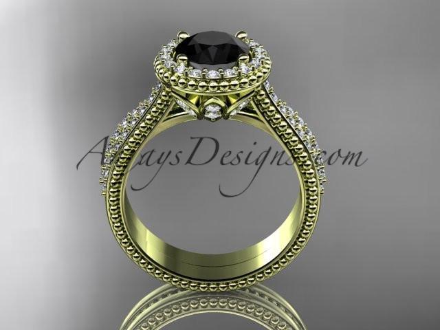 14kt yellow gold diamond floral wedding set, engagement ring with a Black Diamond center stone ADLR101S - AnjaysDesigns