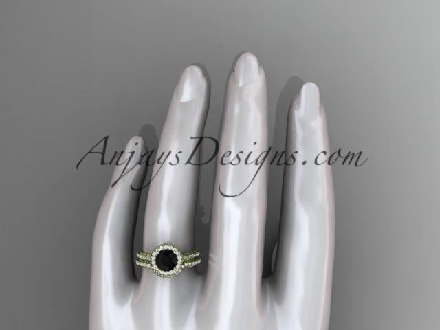 14kt yellow gold diamond floral wedding set, engagement ring with a Black Diamond center stone ADLR101S - AnjaysDesigns
