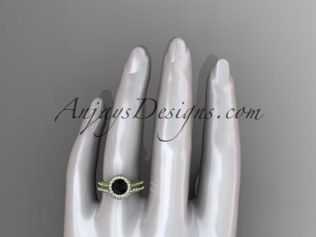 14kt yellow gold diamond floral wedding set, engagement ring with a Black Diamond center stone ADLR101S - AnjaysDesigns