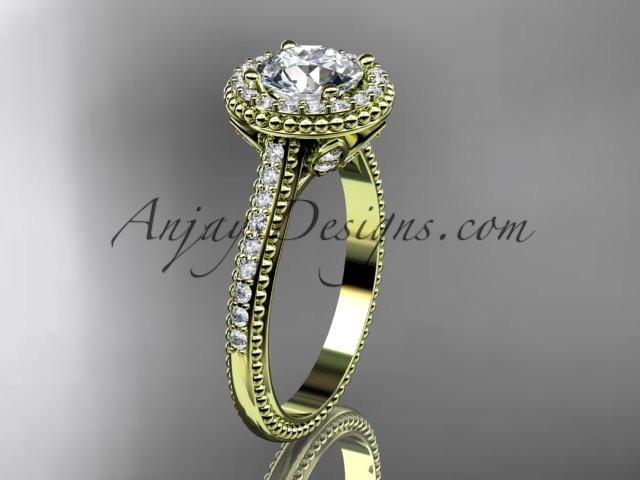 14kt yellow gold diamond floral wedding ring, engagement ring with a "Forever One" Moissanite center stone ADLR101 - AnjaysDesigns