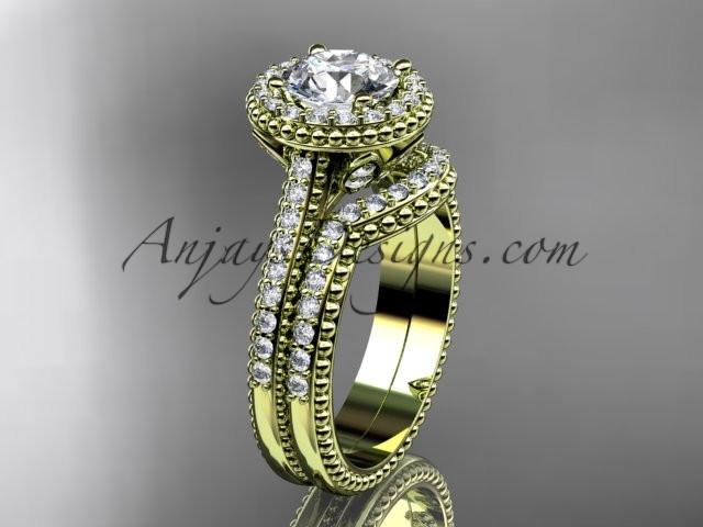 14kt yellow gold diamond floral wedding set, engagement ring with a "Forever One" Moissanite center stone ADLR101S - AnjaysDesigns