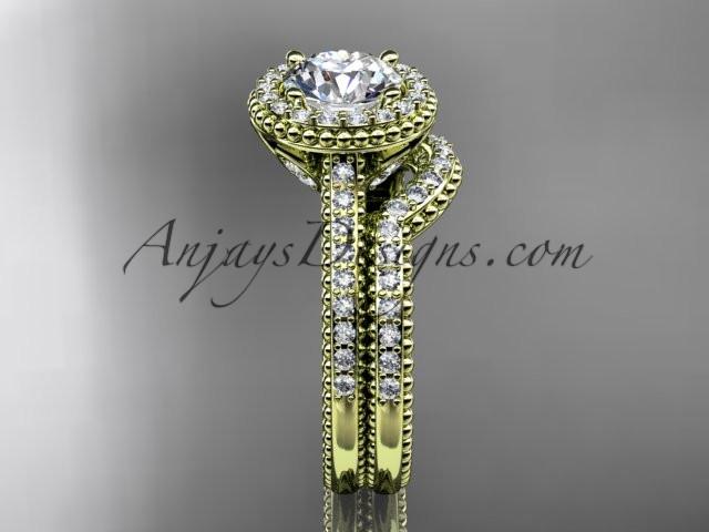 14kt yellow gold diamond floral wedding set, engagement ring with a "Forever One" Moissanite center stone ADLR101S - AnjaysDesigns