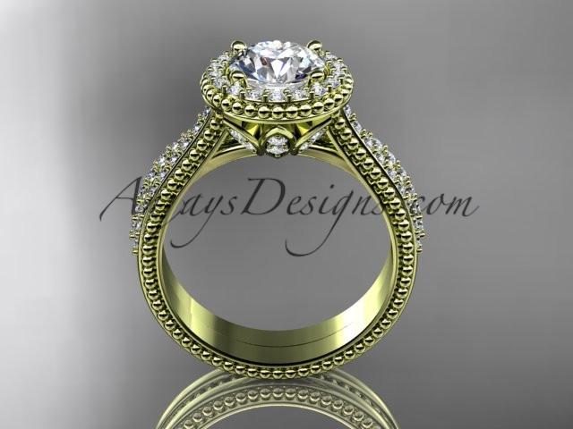 14kt yellow gold diamond floral wedding set, engagement ring with a "Forever One" Moissanite center stone ADLR101S - AnjaysDesigns