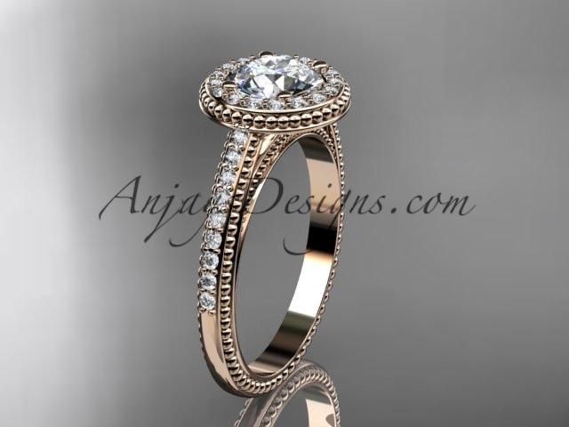 14kt rose gold diamond unique engagement ring, wedding ring with a "Forever One" Moissanite center stone ADER104 - AnjaysDesigns