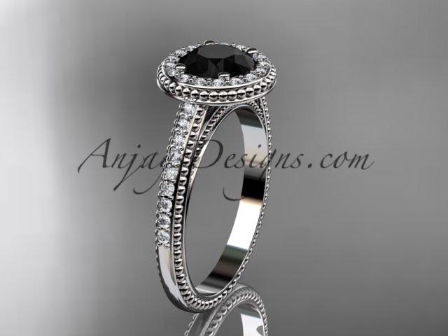 14kt white gold diamond unique engagement ring, wedding ring with a Black Diamond center stone ADER104 - AnjaysDesigns