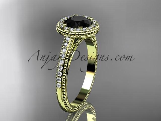 14kt yellow gold diamond unique engagement ring, wedding ring with a Black Diamond center stone ADER104 - AnjaysDesigns