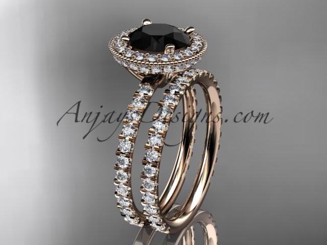 14kt rose gold diamond unique wedding ring, engagement ring with a Black Diamond center stone ADER106S - AnjaysDesigns